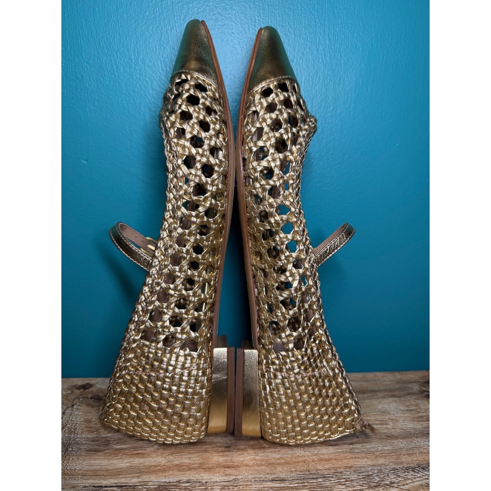 Boden Mary Jane Flats Womens 40 Gold Woven Metallic Leather Cap Toe 9-9.5 READ - Picture 3 of 8
